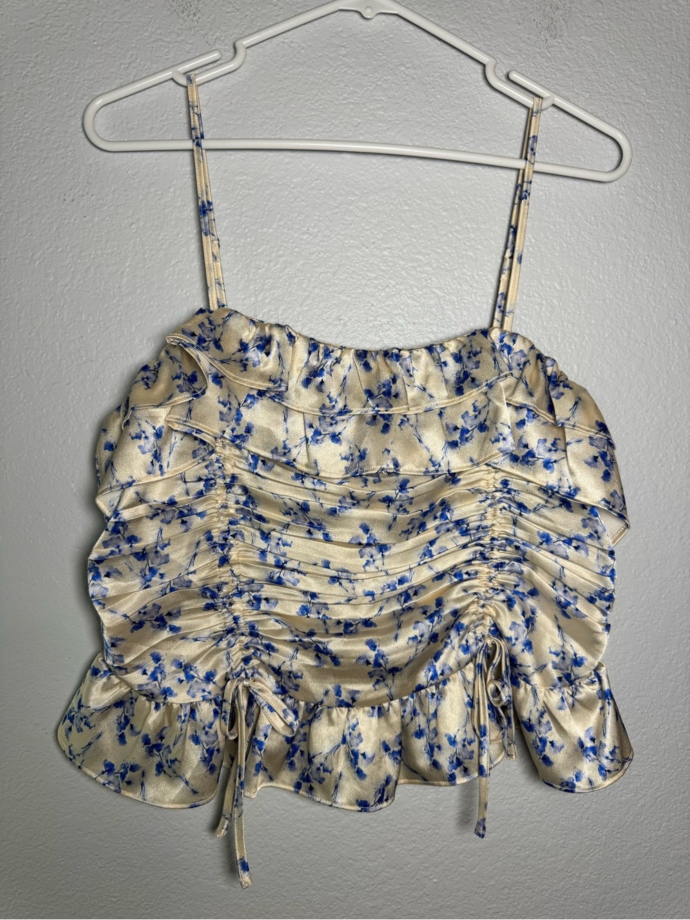 Astr Cream Satin Floral Ruched Blue Cami